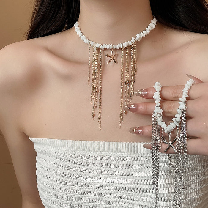 2026 Bohemian Starfish Tassel Stone Necklace, Geometric Vacation Style Clavicle Chain