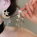 Y2K Alloy Moon Star Tassel Drop Earrings With Silver Posts, Geometric Sweet Cool Statement Jewelry view 1