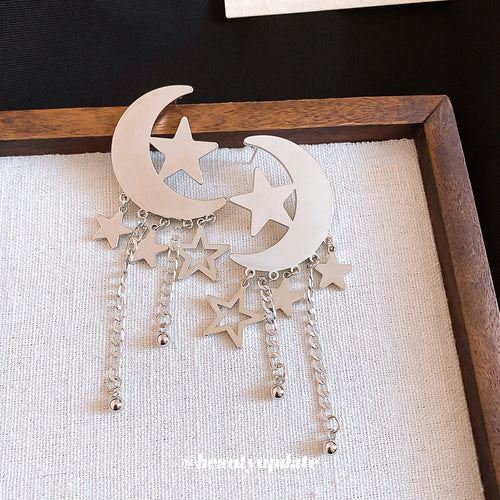 Y2K Alloy Moon Star Tassel Drop Earrings With Silver Posts, Geometric Sweet Cool Statement Jewelry