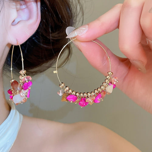 Colorful Stone Beaded Hoop Earrings Vintage Bohemian Ethnic Round Geometric Jewelry for Women
