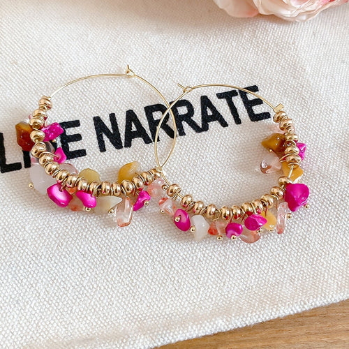 Colorful Stone Beaded Hoop Earrings Vintage Bohemian Ethnic Round Geometric Jewelry for Women