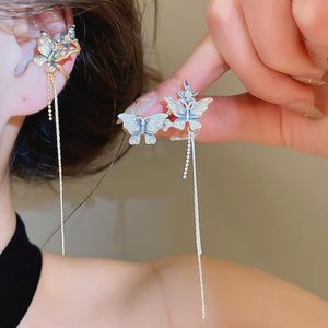 2026 New Copper Butterfly Zircon Flower Asymmetric Tassel Clip-on Earrings For Fashion OL