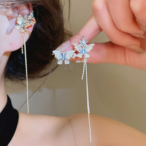 2026 New Copper Butterfly Zircon Flower Asymmetric Tassel Clip-on Earrings For Fashion OL