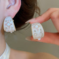 French Vintage Alloy C Shape Pearl Hoop Earrings With Enamel Oil Drip Rhinestone Geometric Design view 4