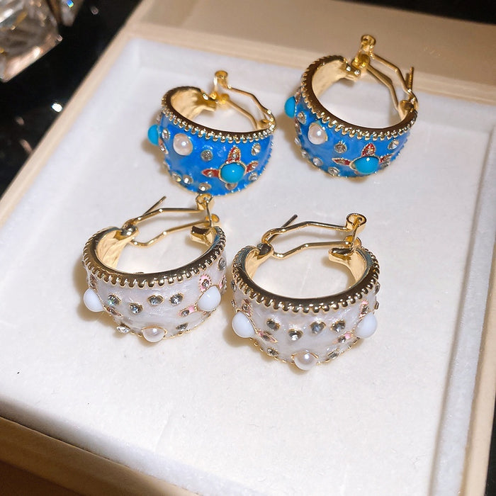 French Vintage Alloy C Shape Pearl Hoop Earrings With Enamel Oil Drip Rhinestone Geometric Design
