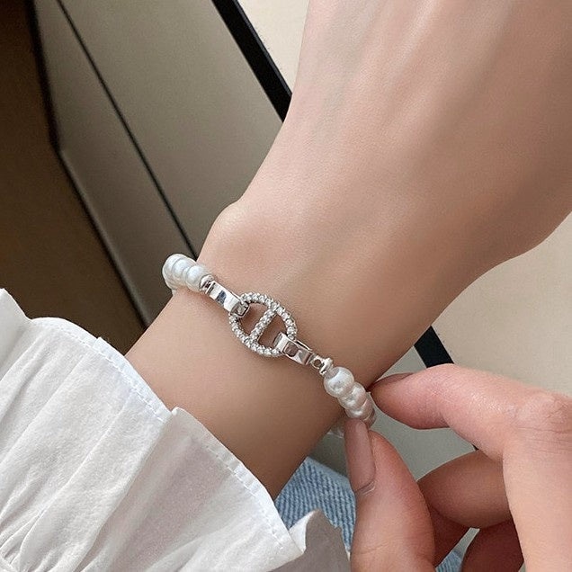 Sparkling Zircon Round Pearl Beaded Bracelet Korean Style Light Luxury Fashion OL Jewelry
