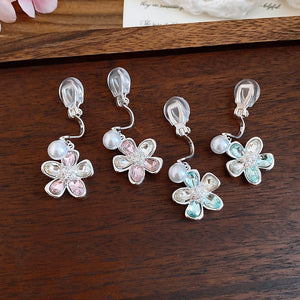 Sweet Floral Rhinestone Faux Pearl Clip-on Earrings For Women Elegant Spring Style