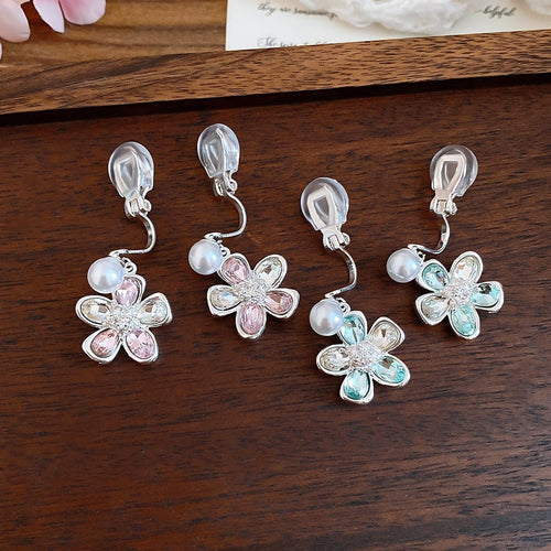 Sweet Floral Rhinestone Faux Pearl Clip-on Earrings For Women Elegant Spring Style