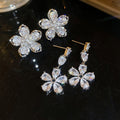 Light Luxury Copper Zircon Flower Ear Clip And Stud Jewelry Set, Sparkling Fashion Earrings view 3