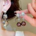 Light Luxury Geometric Faux Pearl Stud Earrings With Sparkling Rhinestone Square Design view 1