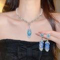 Vintage Court Style Faux Pearl Necklace And Earrings Jewelry Set With Oval Rhinestone Pendant view 2
