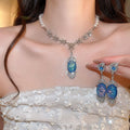 Vintage Court Style Faux Pearl Necklace And Earrings Jewelry Set With Oval Rhinestone Pendant view 4