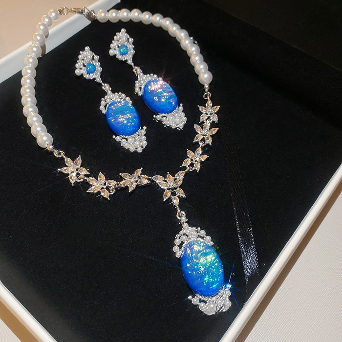 Vintage Court Style Faux Pearl Necklace And Earrings Jewelry Set With Oval Rhinestone Pendant