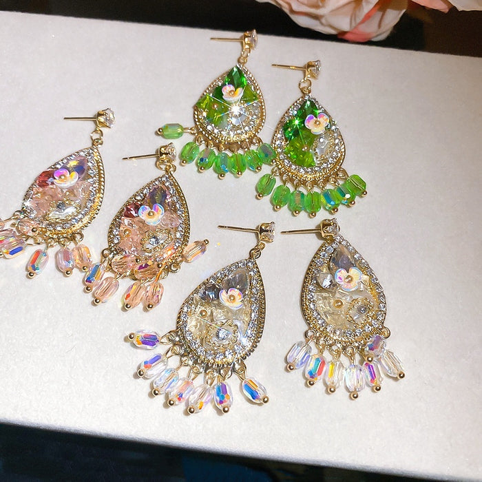 Resin Crystal Teardrop Flower Drop Earrings With Silver Needle Bohemian Ethnic Style