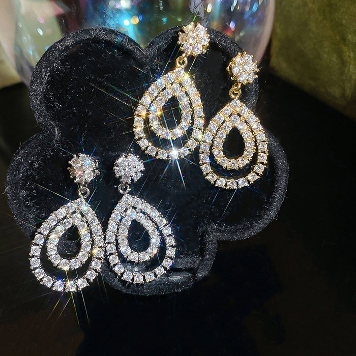 Light Luxury Copper Teardrop Zircon Stud Earrings, Sparkling Elegant Designer Jewelry