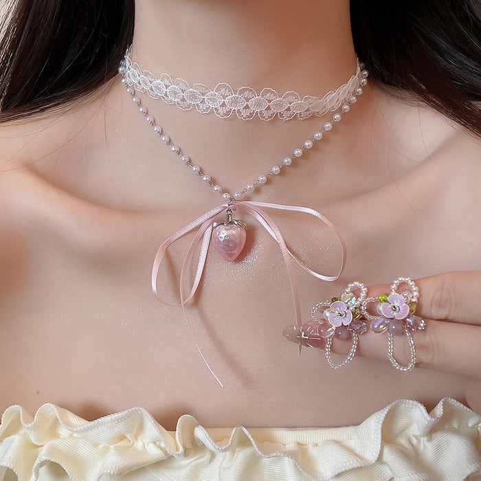 Sweet Ballet Bow Beaded Pearl Necklace And Stud Earrings Jewelry Set With Crystal Flower Accents