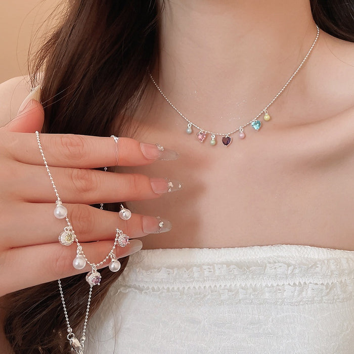2026 Summer Dopamine Zircon Pearl Beaded Copper Geometric Choker Necklace Old Money Minimalist Style