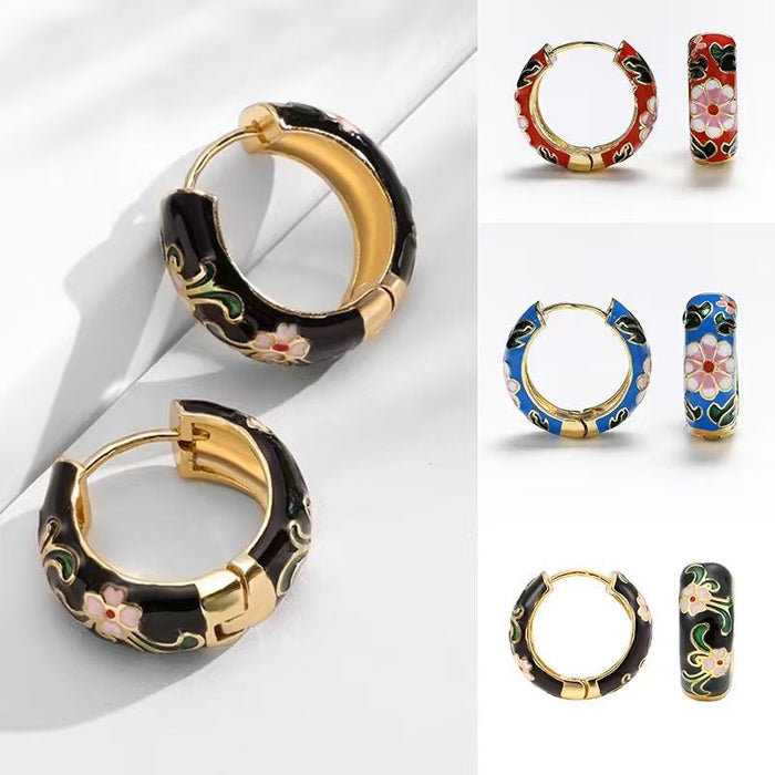 French Retro Enamel Hoop Earrings Colorful Flower Chinese Style Small Sweet Earrings For Women
