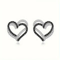 Black And White Heart Stud Earrings With Hollow Rhinestone Design, Sweet Daily Jewelry view 1