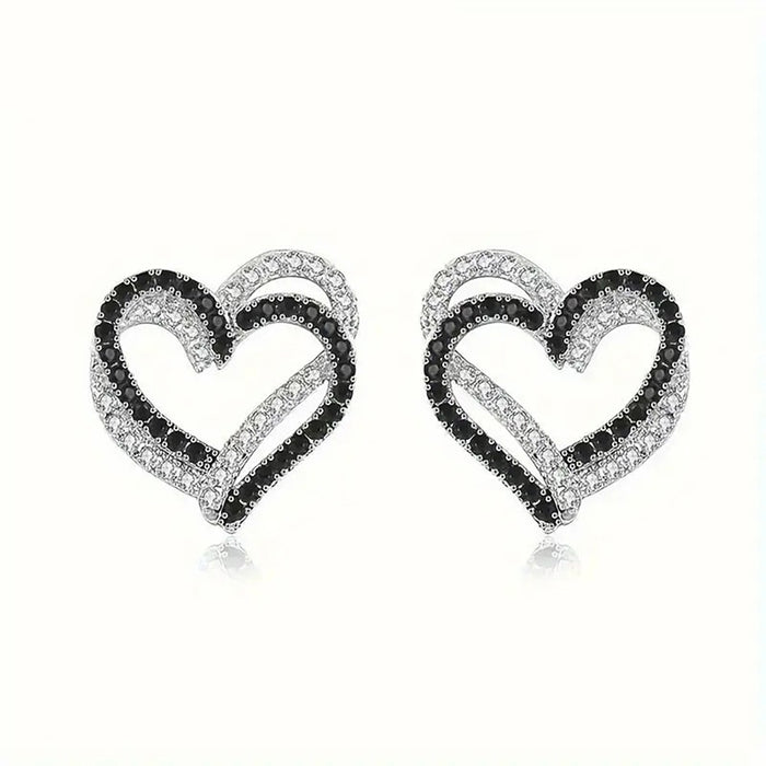 Black And White Heart Stud Earrings With Hollow Rhinestone Design, Sweet Daily Jewelry
