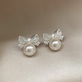 French Style Zircon Bow Faux Pearl Stud Earrings For Women Hollow Light Luxury Jewelry view 3