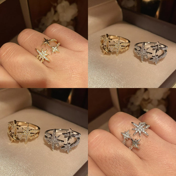 18K Gold Plated Copper Zircon Eight Point Star Open Ring For Women Trendy Statement Jewelry