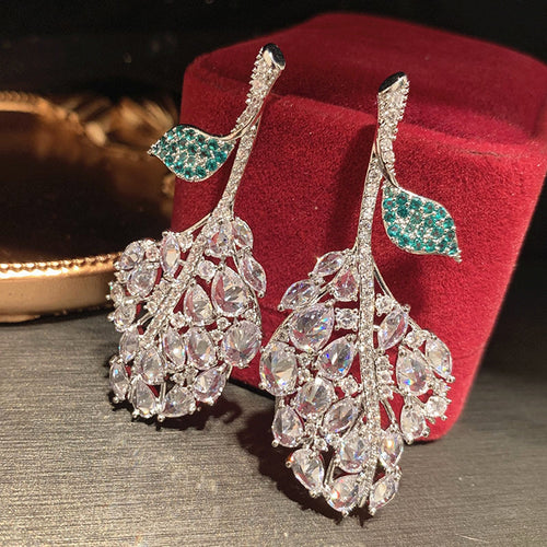 Luxury Copper Leaf Teardrop Zircon Drop Earrings Sparkling Fashion Statement Jewelry
