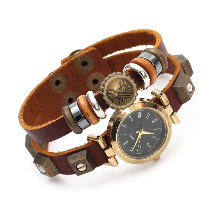 Vintage Punk Men's Leather Bracelet Watch, Handmade Beaded Quartz Wide Wristband Watch Accessory