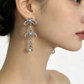 Elegant Blue Crystal Bowknot Waterdrop Tassel Alloy Rhinestone Long Dangle Fashion Earrings view 1