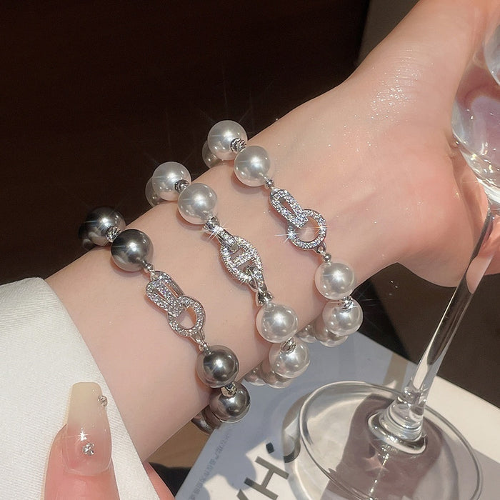French Vintage Rhinestone Faux Pearl Geometric Round Bangle for Elegant Office Style