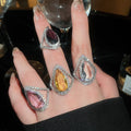 Light Luxury Copper Teardrop Full Rhinestone Ring With Colored Gem Statement Design view 1