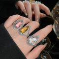 Light Luxury Copper Teardrop Full Rhinestone Ring With Colored Gem Statement Design view 3
