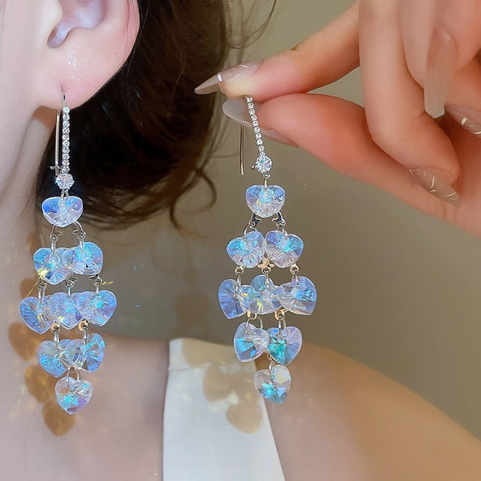 Light Luxury Zircon Glass Heart Tassel Drop Earrings For Women Elegant Fairy Style