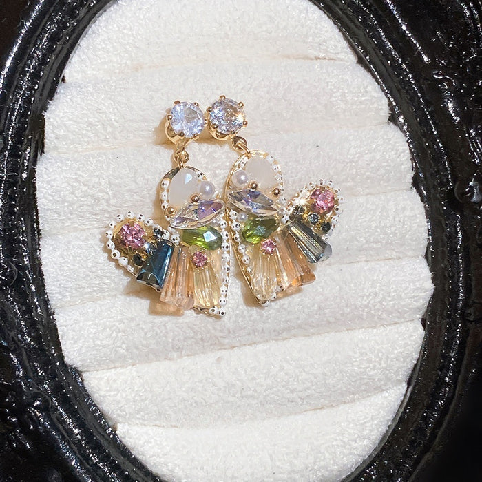 Rainbow Tone Artificial Crystal Heart Zircon Stud Earrings With Silver Pins Light Luxury Geometric Style