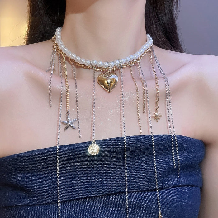 Old Money Faux Pearl Chain Wrap Tassel Necklace With Heart Starfish Geometric Pendant