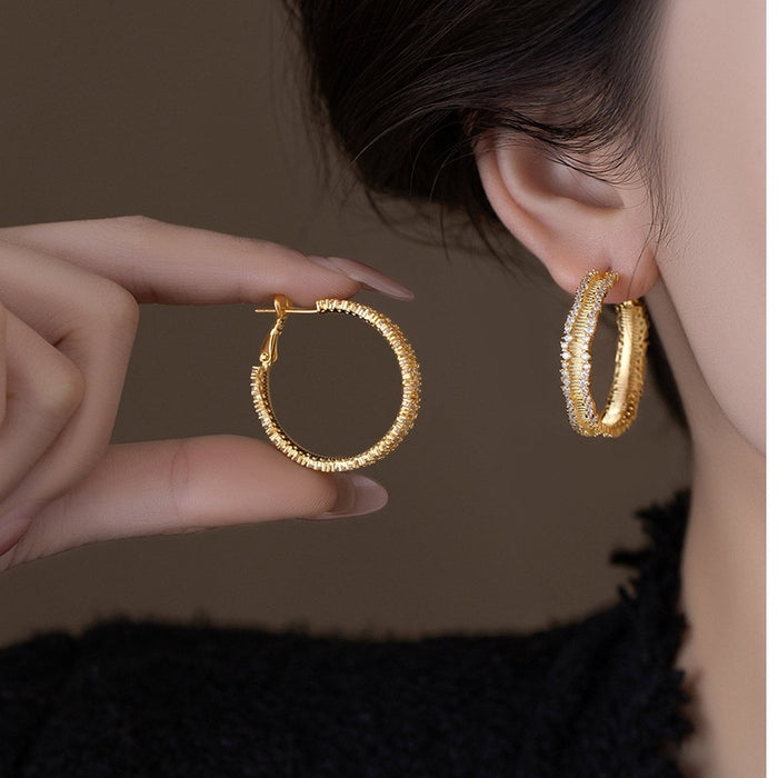 Vintage Copper Round Zircon Stud Earrings With Silver Pins Minimalist Light Luxury Retro Jewelry