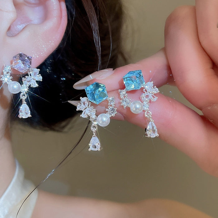 Korean Light Luxury Faux Pearl Zircon Square Butterfly Stud Earrings For Women