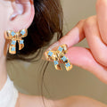 French Vintage Bow Zircon Flower Copper Stud Earrings For Women, Court Style Light Luxury Jewelry view 3