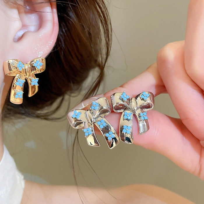 French Vintage Bow Zircon Flower Copper Stud Earrings For Women, Court Style Light Luxury Jewelry