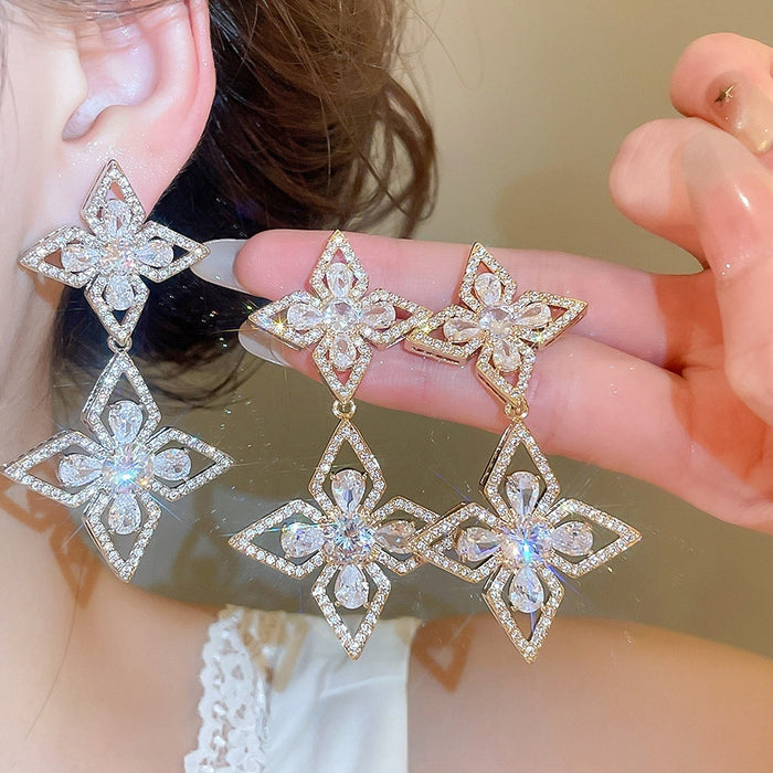 Luxury Copper Zircon Flower Stud Earrings For Women Elegant Sparkling Floral Jewelry