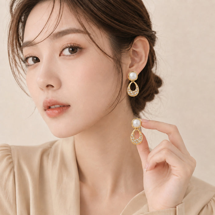 Elegant Geometric Pearl Drop Earrings Gold Alloy Micro Pave Zircon Teardrop Luxury Dangle Earrings