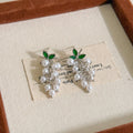 Elegant Grape Cluster Pearl Drop Earrings With Green Enamel Leaf Alloy Silver Needle Luxury Stud Earrings view 3