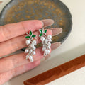 Elegant Grape Cluster Pearl Drop Earrings With Green Enamel Leaf Alloy Silver Needle Luxury Stud Earrings view 2