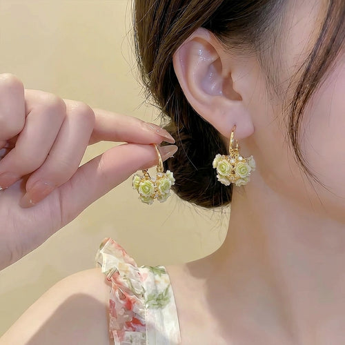 Rhinestone Resin Flower Basket Earrings Forest Style Elegant Floral Ear Clips