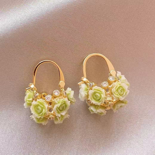 Rhinestone Resin Flower Basket Earrings Forest Style Elegant Floral Ear Clips