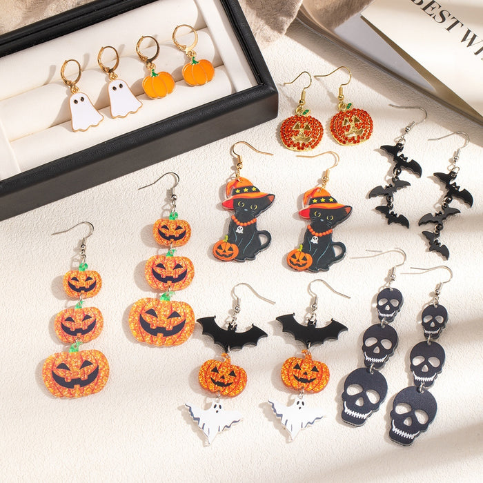 Halloween Acrylic Pumpkin Ghost Bat Black Cat Skull Drop Dangle Alloy Hook Fashion Earrings