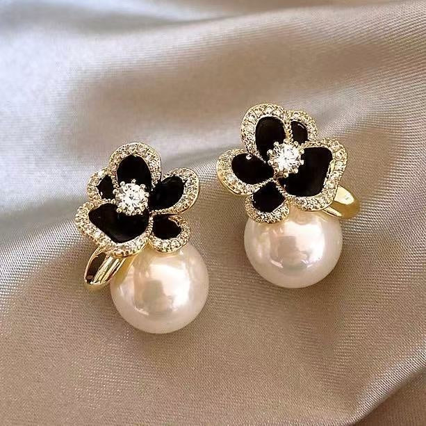 Black Camellia Flower Zircon Pearl Stud Earrings, Elegant Light Luxury Versatile Jewelry