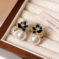 Black Camellia Flower Zircon Pearl Stud Earrings, Elegant Light Luxury Versatile Jewelry view 3