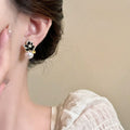 Black Camellia Flower Zircon Pearl Stud Earrings, Elegant Light Luxury Versatile Jewelry view 4