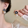 Black Camellia Flower Zircon Pearl Stud Earrings, Elegant Light Luxury Versatile Jewelry view 2